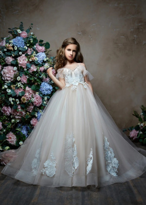 Beaded Ivory Lace Tulle Open Corset Back Flower Girl Dress